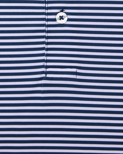 Del Mar Stripe Polo in new indigo and lilac, close-up of micro-stripe fabric and button detail