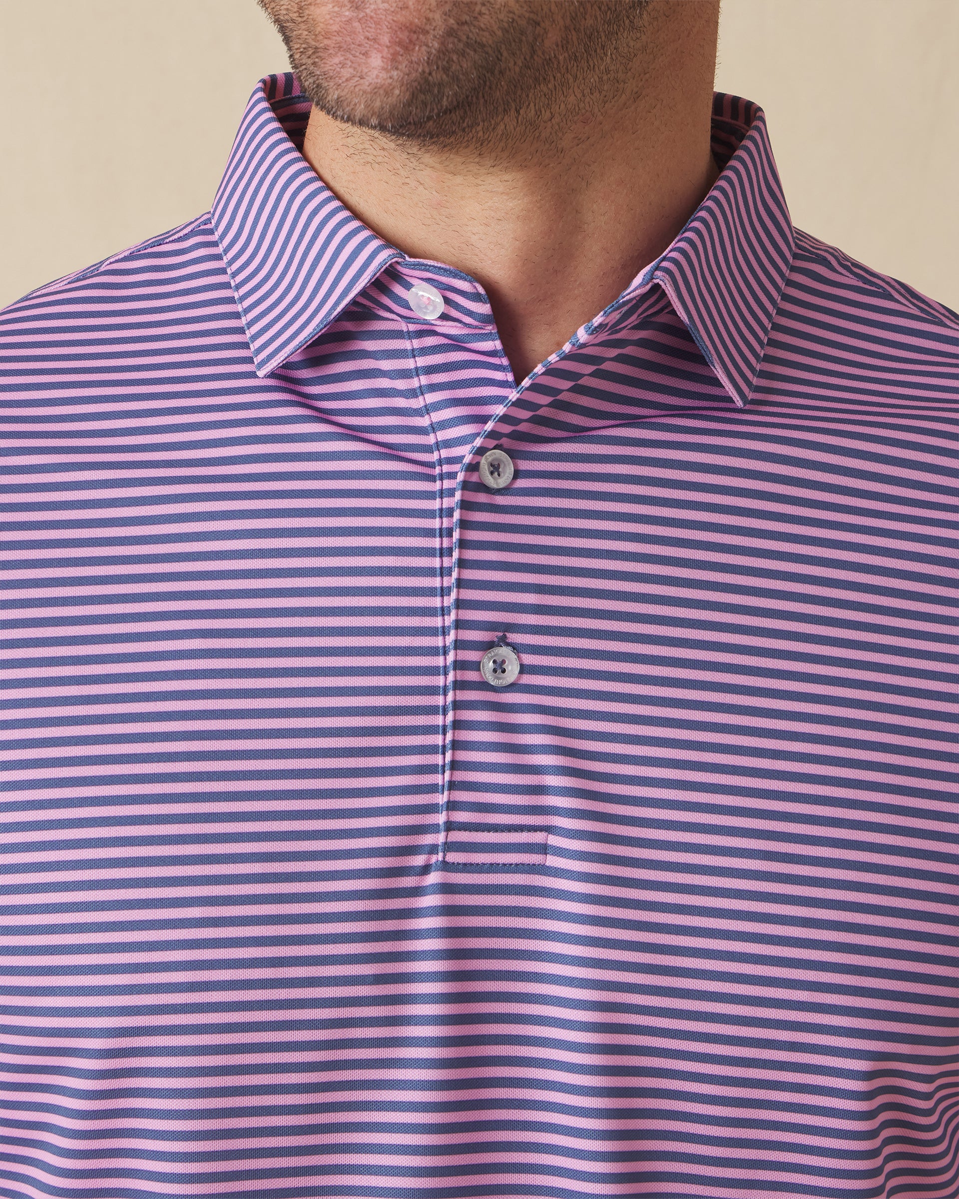 Del Mar Stripe Polo in Pink Floyd/Moonlight, close-up collar and placket detail