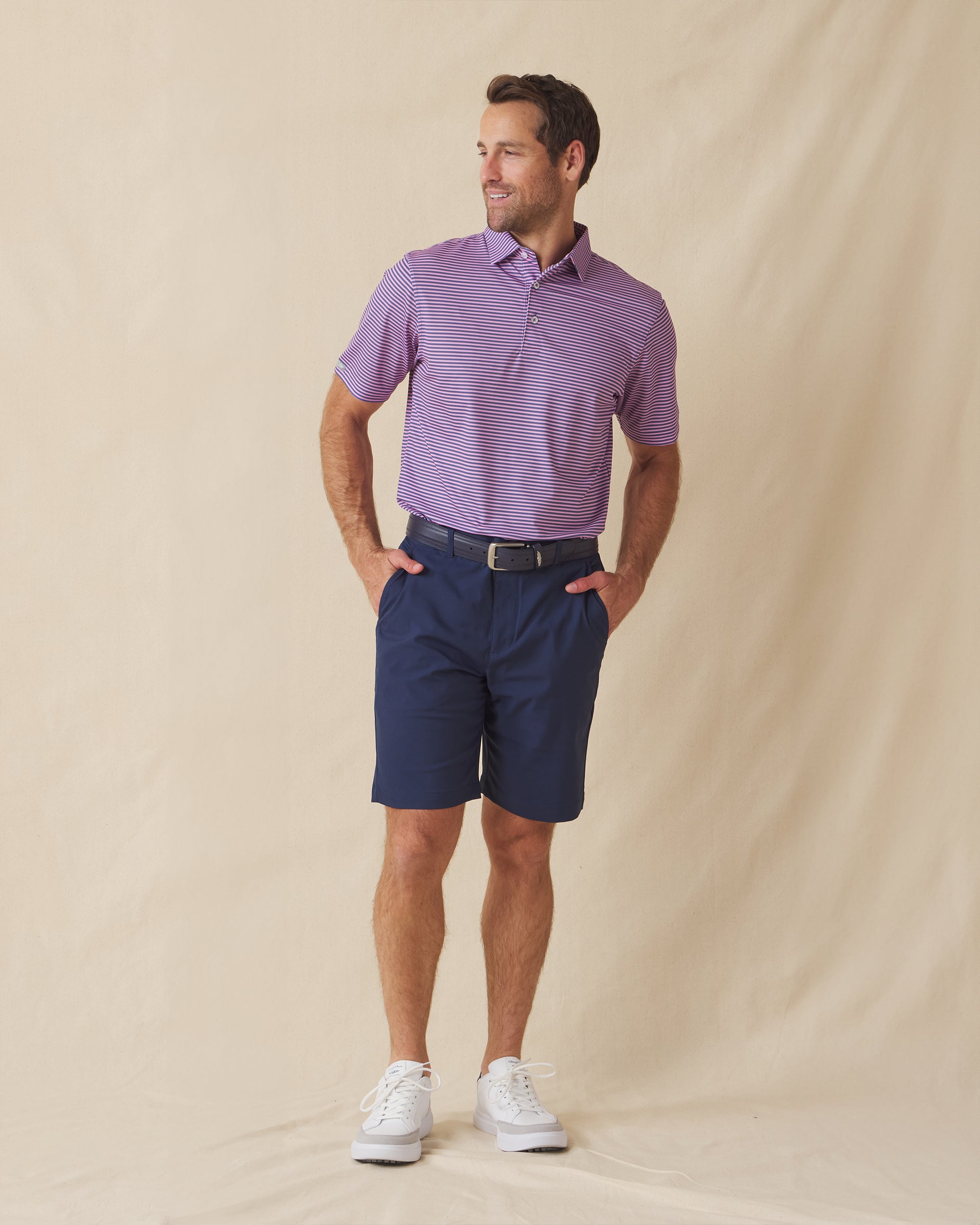 Del Mar Stripe Polo in Pink Floyd/Moonlight, full outfit model view styled with navy shorts