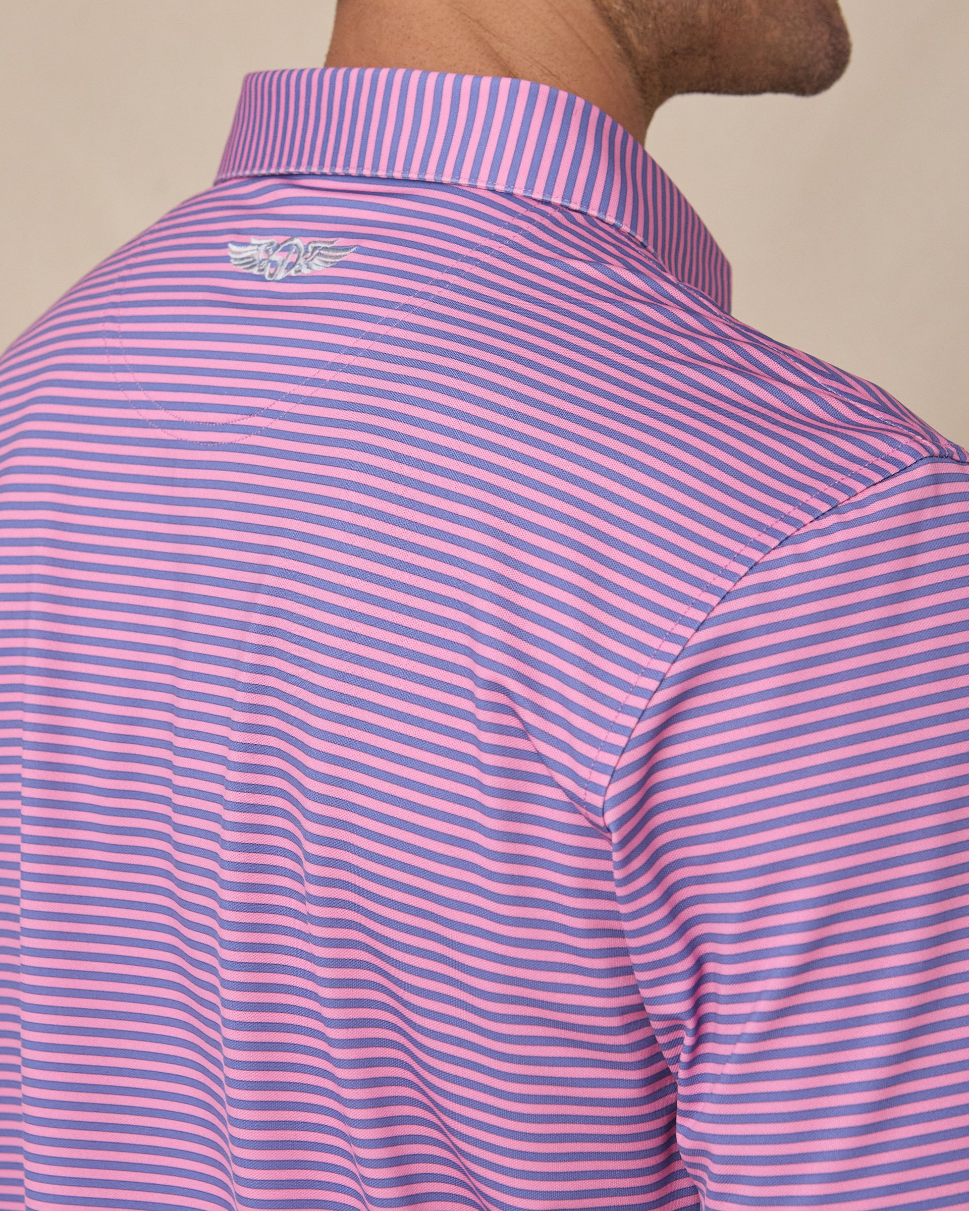 Del Mar Stripe Polo in Punch Pink, back logo detail close-up