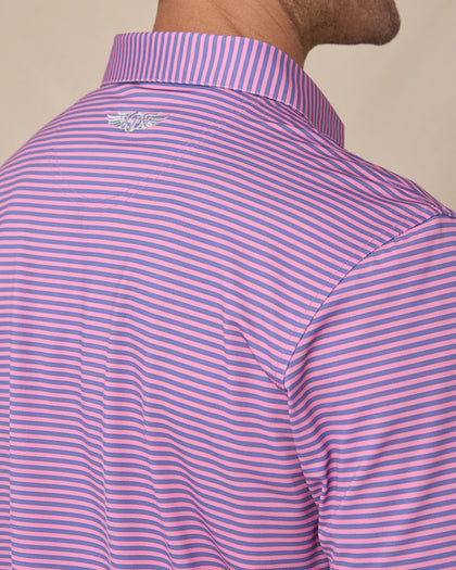 Del Mar Stripe Polo in Punch Pink, back logo detail close-up