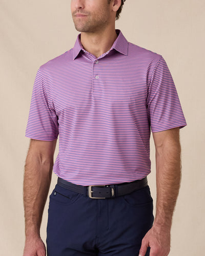 Del Mar Stripe Polo in Punch Pink, front lifestyle view on model