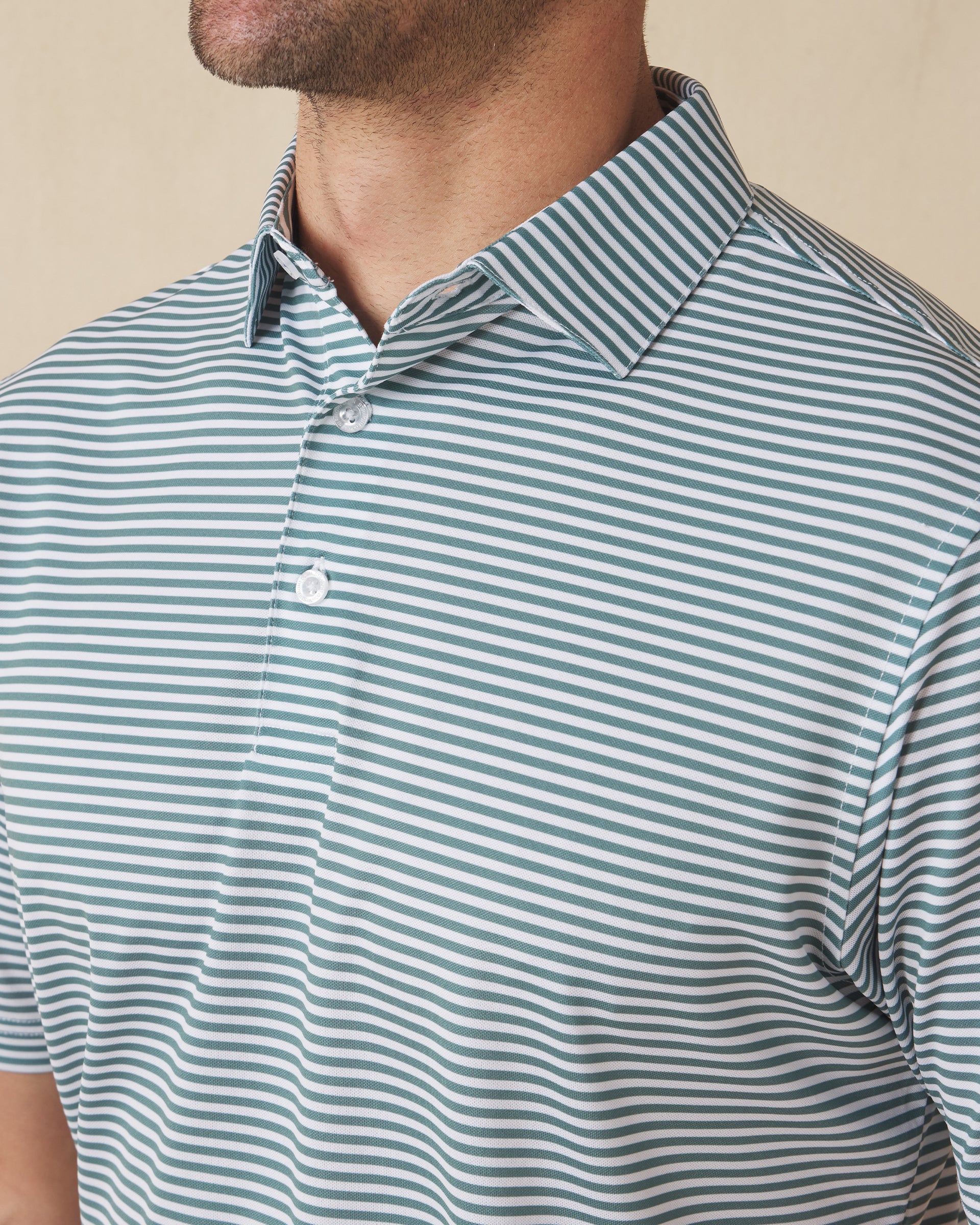 Del Mar Stripe Polo in Sage Green, close-up detail of collar and striped fabric