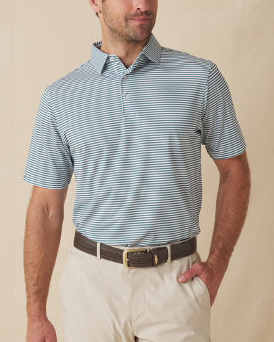 Del Mar Stripe Polo in Sage Green, front lifestyle view on model