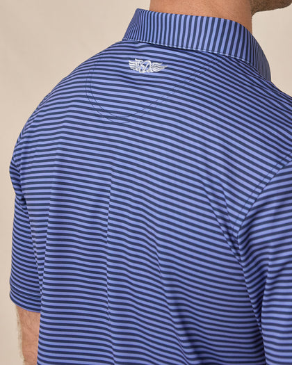 Del Mar Stripe Polo in Tidal Blue, back logo detail close-up