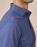 Close-up of tidal blue striped polo sleeve with embroidered logo detail