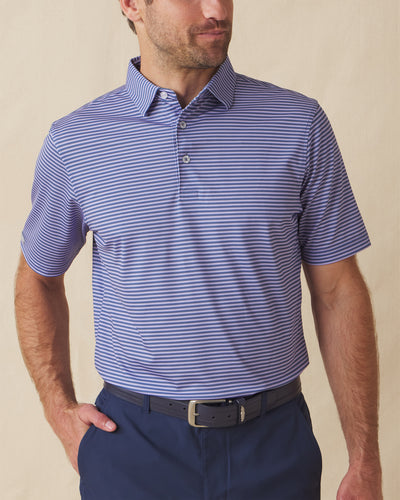 Del Mar Stripe Polo in Violet/Moonlight, front lifestyle view on model