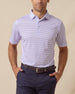 Men’s striped violet polo with short sleeves and button placket, paired with navy shorts
