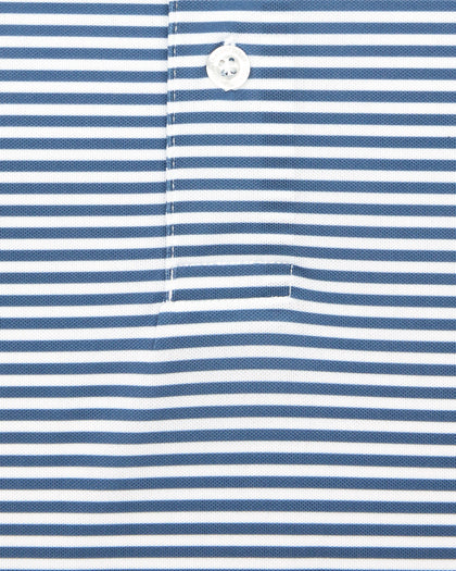 Del Mar Stripe Polo in Moonlight Blue, close-up detail of striped fabric and placket