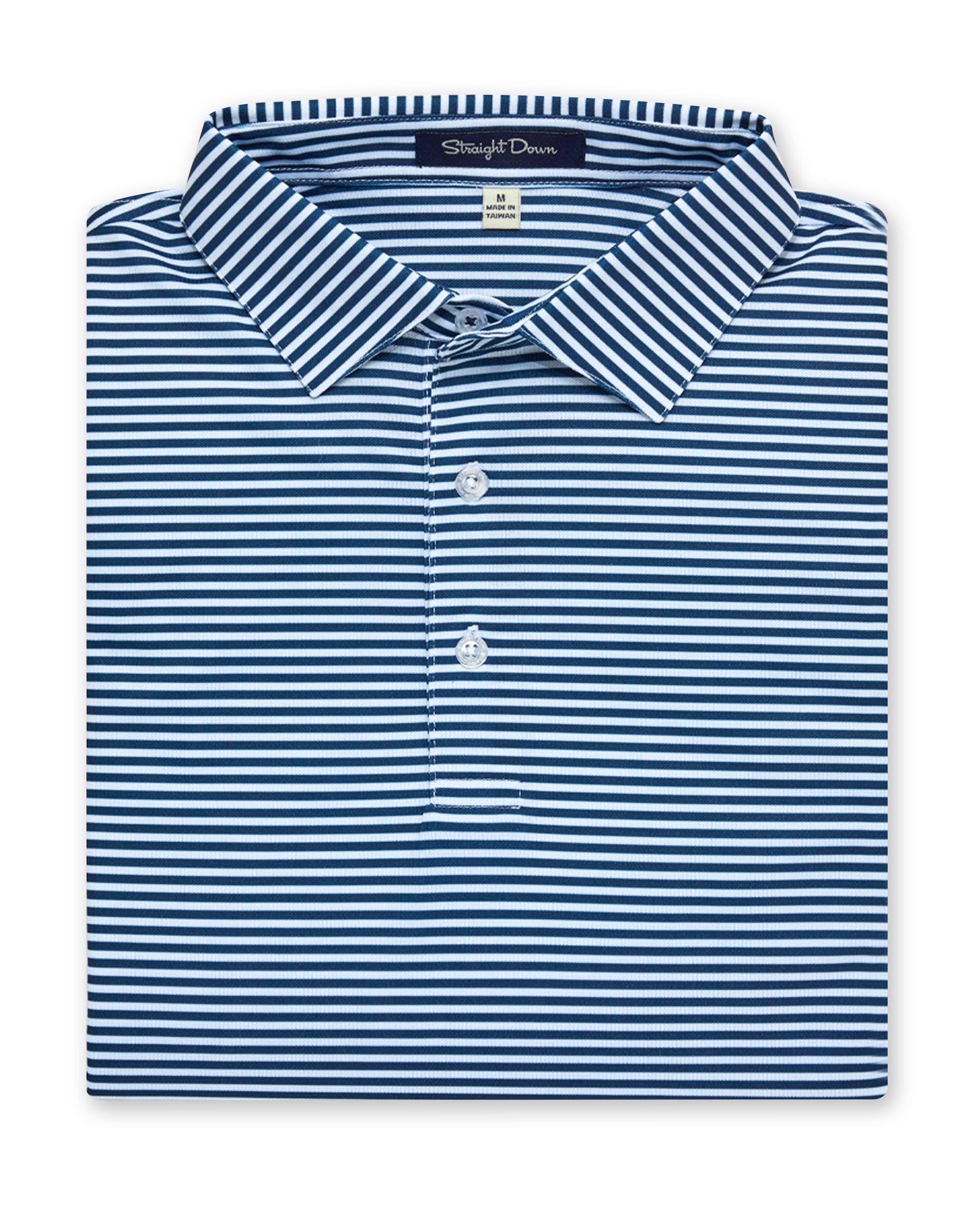 Del Mar Stripe Polo in new indigo, folded front view