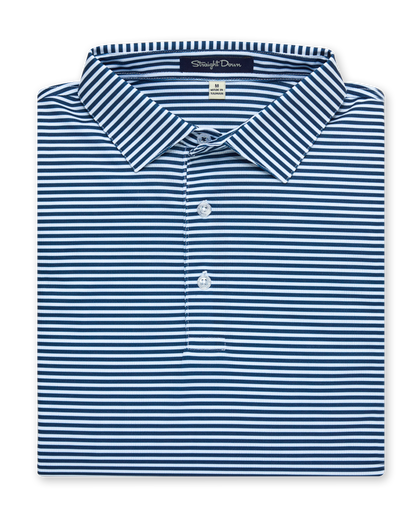 Del Mar Stripe Polo in new indigo, folded front view