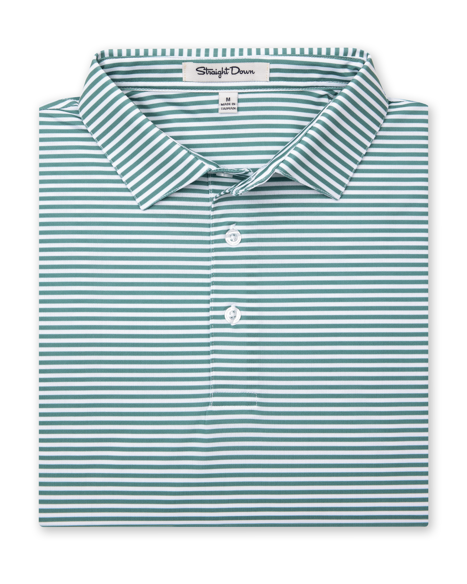 Del Mar Stripe Polo in sage green, folded front view