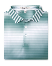 Del Mar Stripe Polo in sage green, folded front view