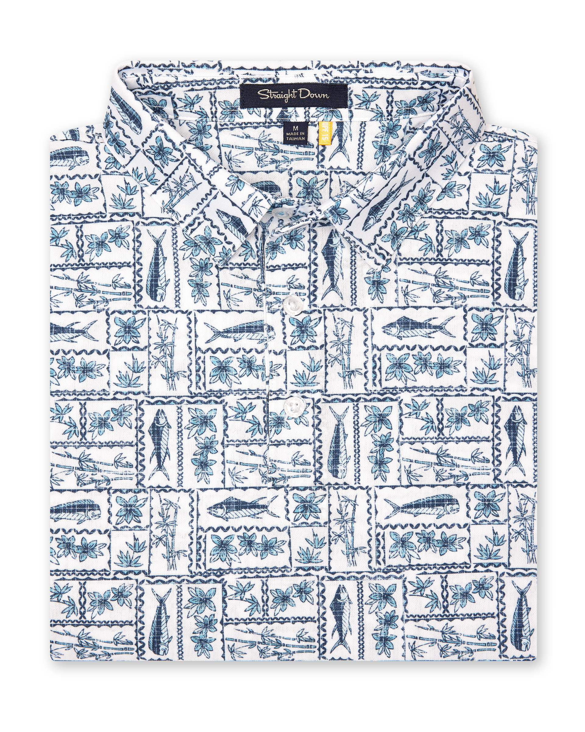 Men's Dorado Polo in Coastal, folded flat lay front view featuring an allover tiled print with fish, tropical flowers, and bamboo motifs in navy and light blue on a white base