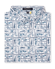 Men's Dorado Polo in Coastal, folded flat lay front view featuring an allover tiled print with fish, tropical flowers, and bamboo motifs in navy and light blue on a white base