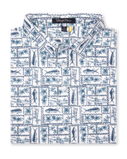 Men's Dorado Polo in Coastal, folded flat lay front view featuring an allover tiled print with fish, tropical flowers, and bamboo motifs in navy and light blue on a white base
