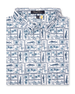 Men's Dorado Polo in Coastal, folded flat lay front view featuring an allover tiled print with fish, tropical flowers, and bamboo motifs in navy and light blue on a white base