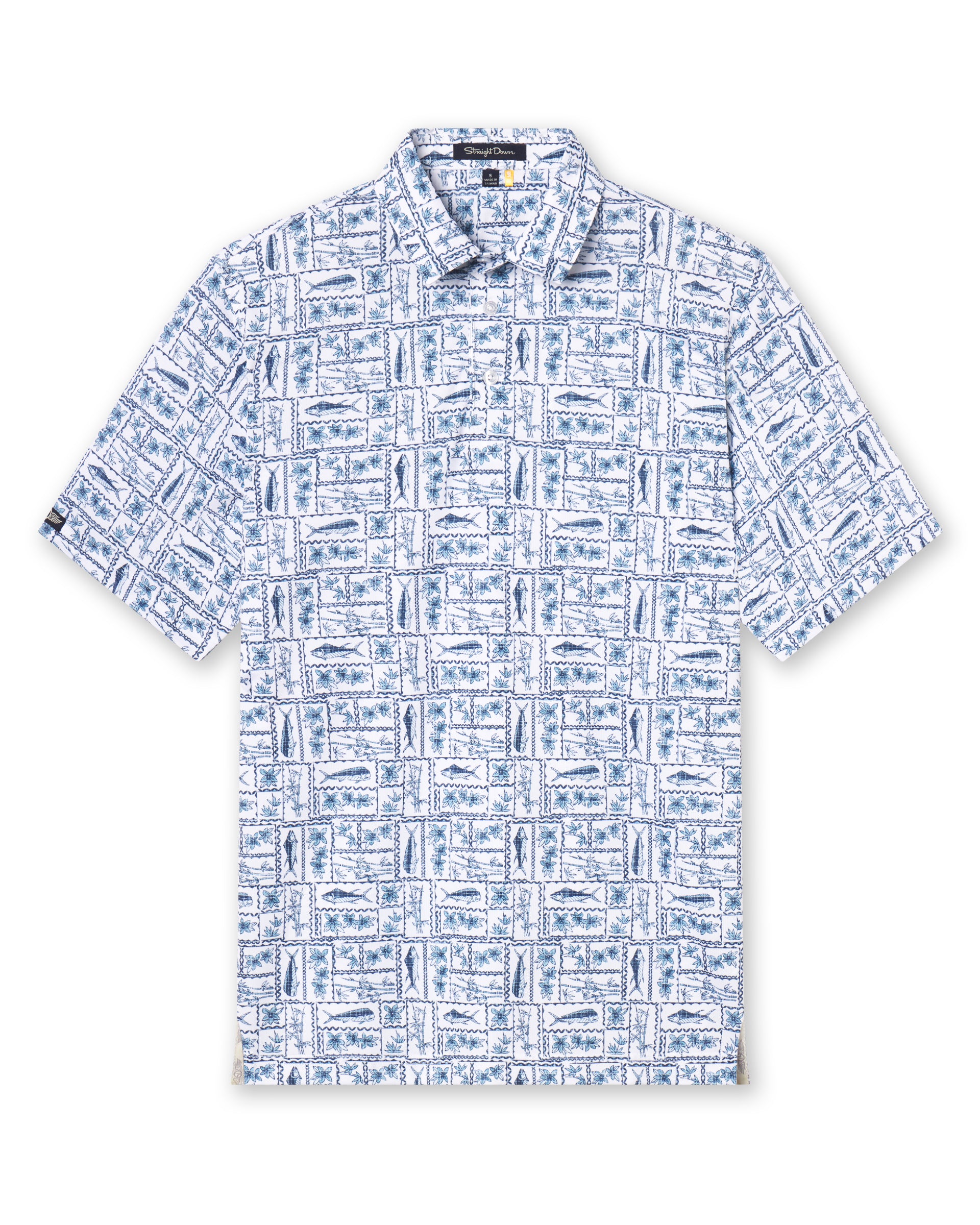 Men's Dorado Polo in Coastal, flat lay front view featuring a white base with a navy and blue tiled fish, floral, and bamboo stamp print, with Straight Down logo patch visible on sleeve