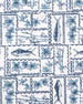 Men's Dorado Polo in Coastal, close-up flat lay fabric detail view highlighting the navy and blue tiled fish, floral, and bamboo stamp print on a white base