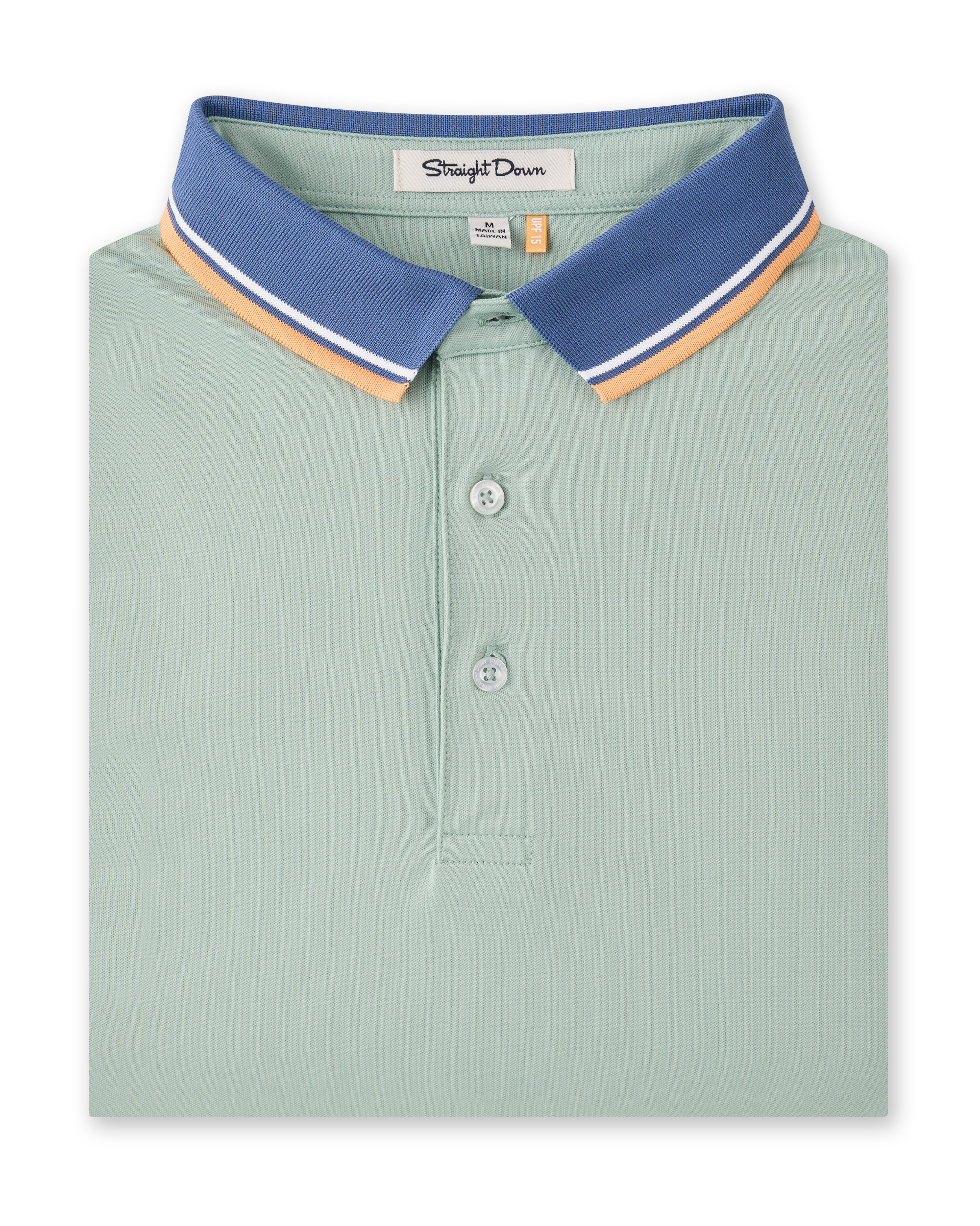 Chorro Polo in Herb featuring a blue contrast collar with white and orange stripe detailing.