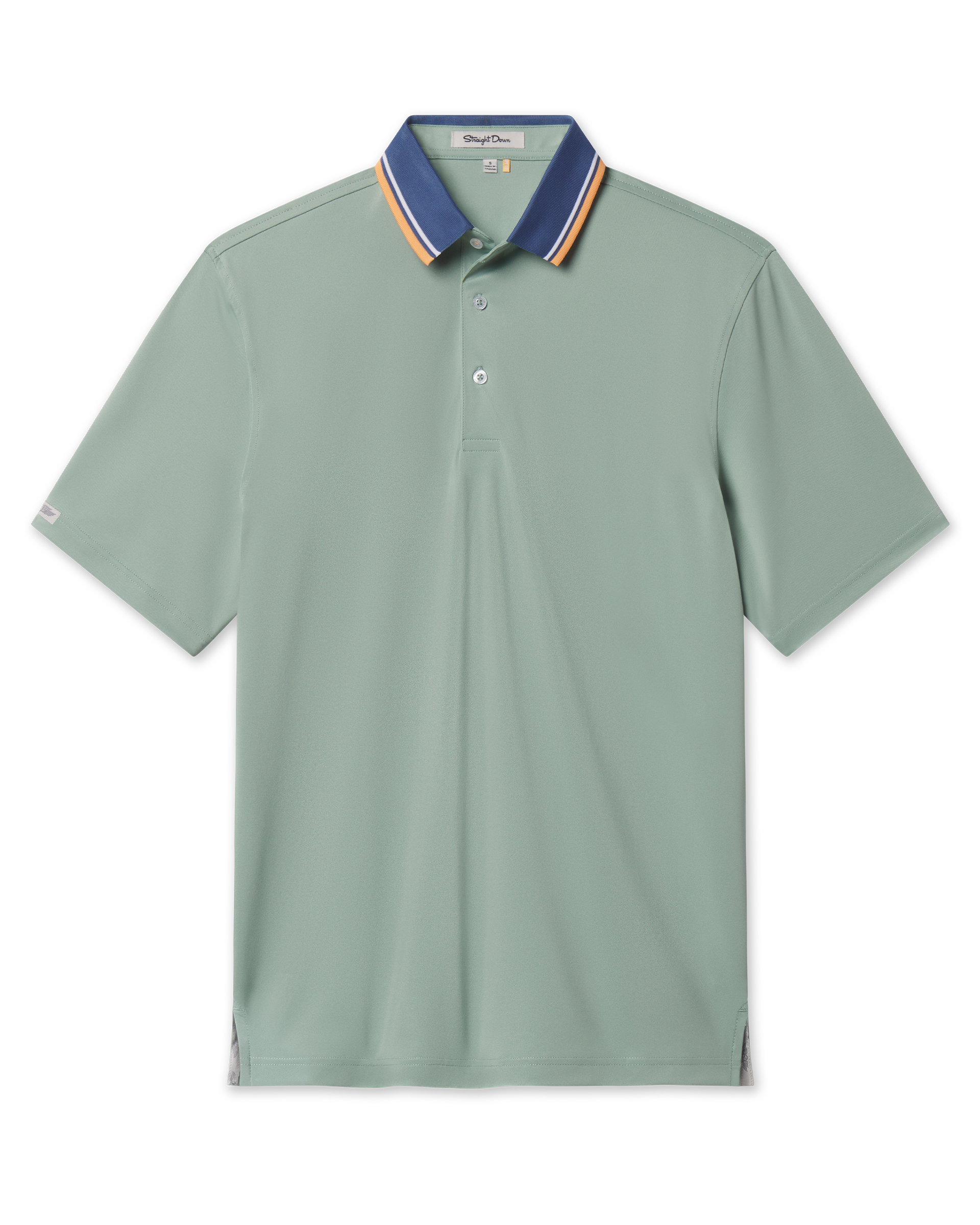 Chorro Polo in Herb with a three-button placket and blue, white, and orange striped contrast collar.