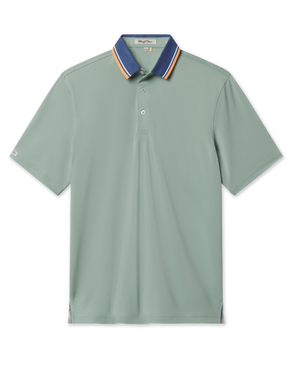 Chorro Polo in Herb with a three-button placket and blue, white, and orange striped contrast collar.