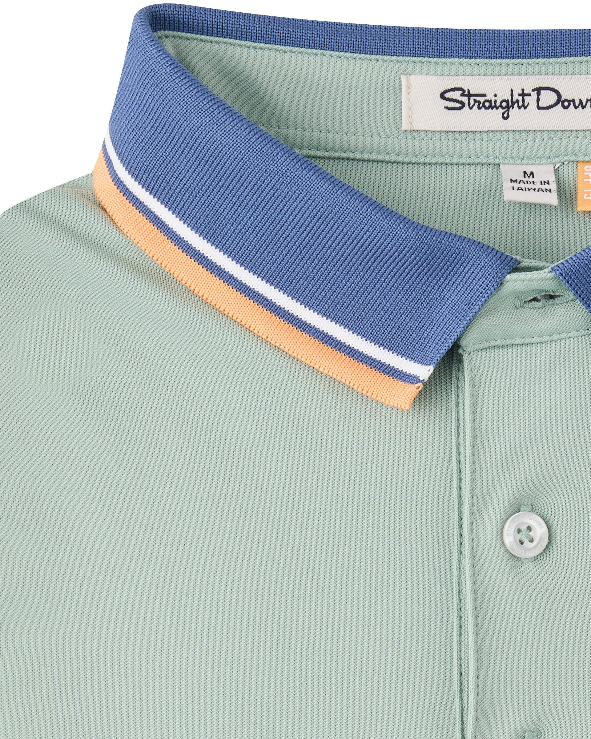 Close-up of the Chorro Polo in Herb highlighting the textured blue collar with white and orange stripe accents.