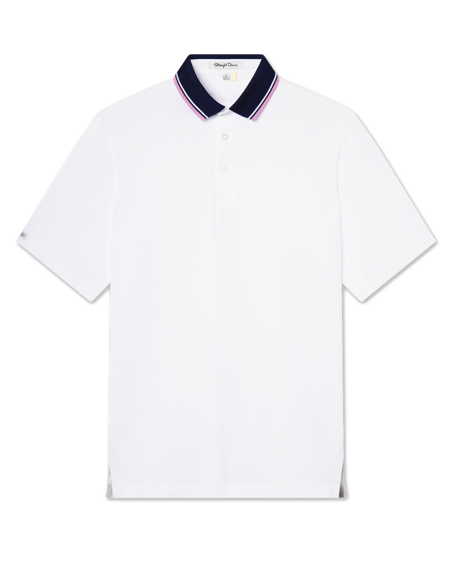 Men's Chorro Polo in Haze, flat lay front view featuring a white short sleeve polo with a contrast navy knit collar trimmed with white and pink stripes