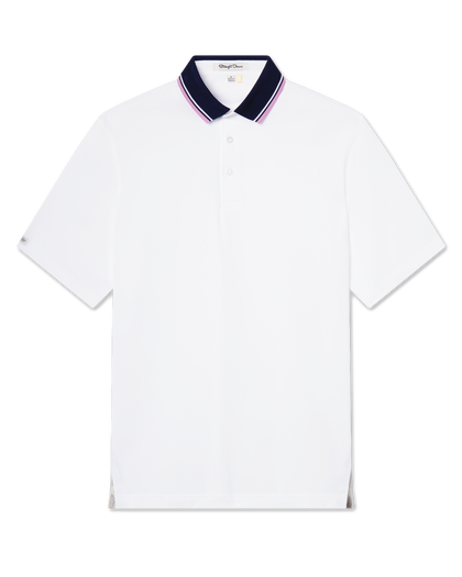 Men's Chorro Polo in Haze, flat lay front view featuring a white short sleeve polo with a contrast navy knit collar trimmed with white and pink stripes