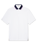Men's Chorro Polo in Haze, flat lay front view featuring a white short sleeve polo with a contrast navy knit collar trimmed with white and pink stripes