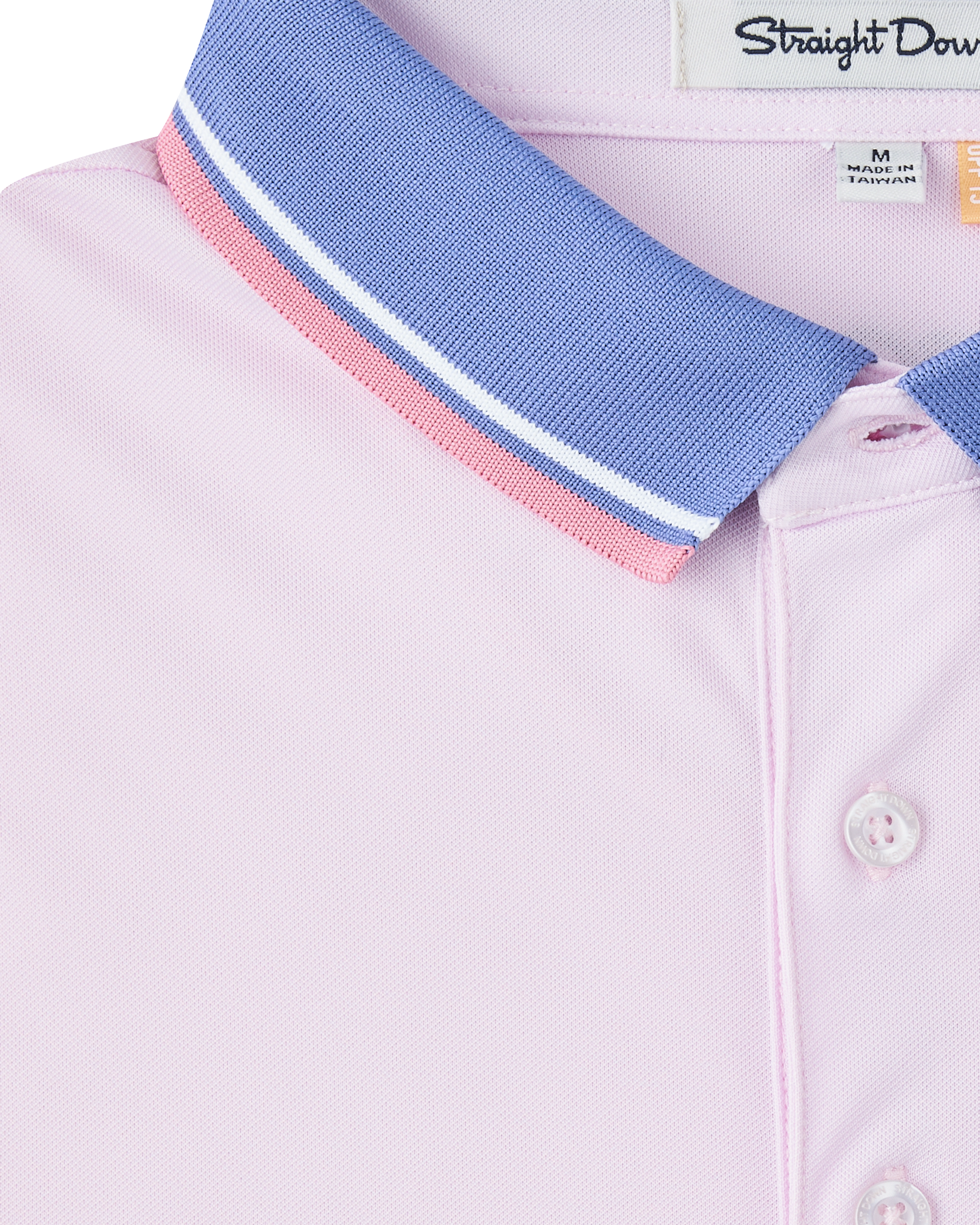 Close-up of the Chorro Polo in Lilac showcasing the contrast blue collar with pink and white tipping