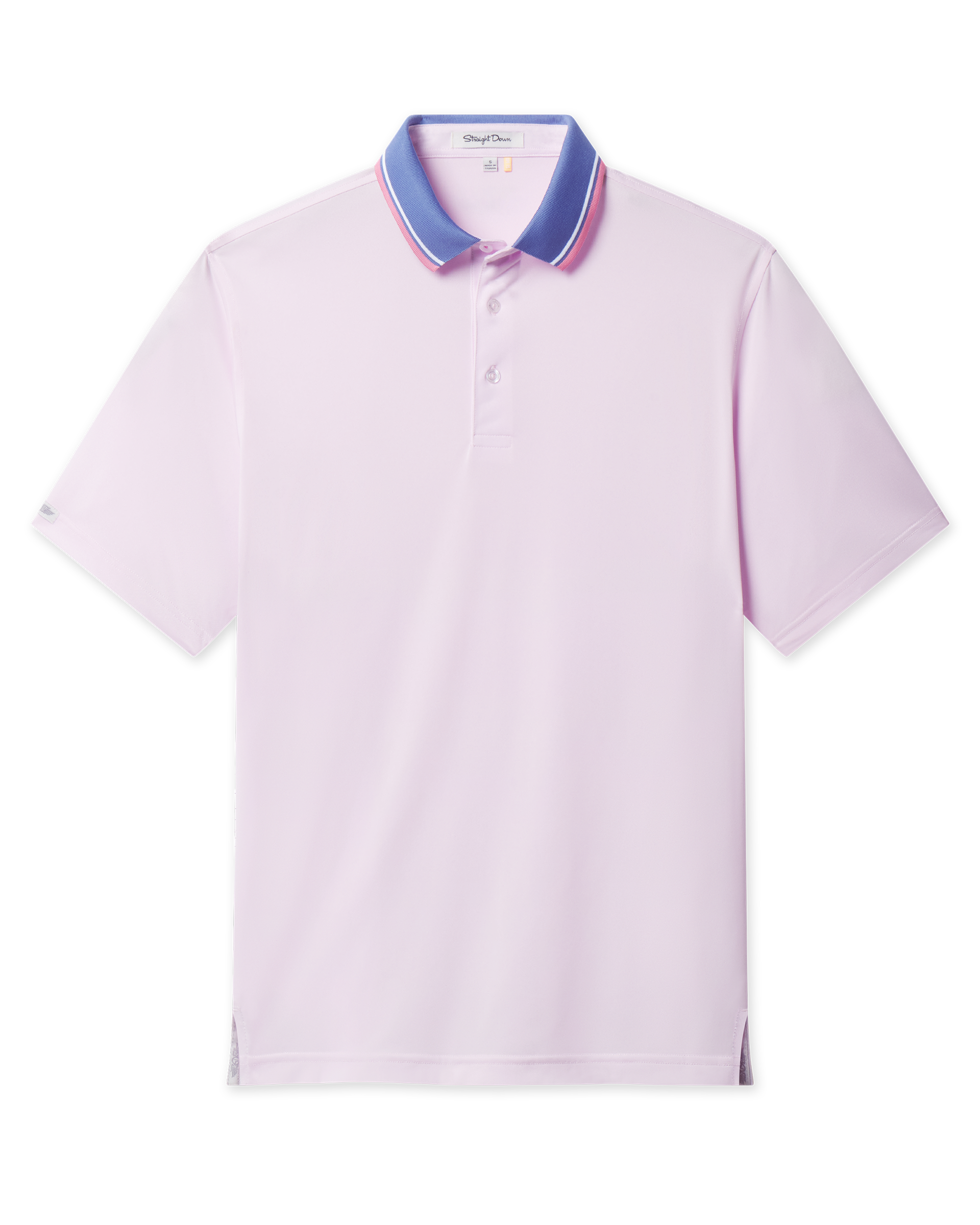 Chorro Polo in Lilac featuring a solid lilac performance fabric, contrast blue collar with pink and white tipping, and short sleeves