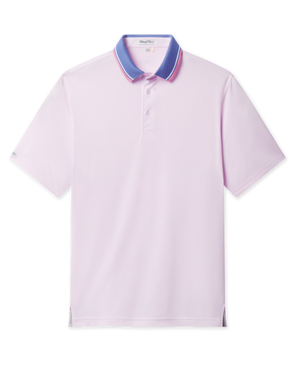Chorro Polo in Lilac featuring a solid lilac performance fabric, contrast blue collar with pink and white tipping, and short sleeves