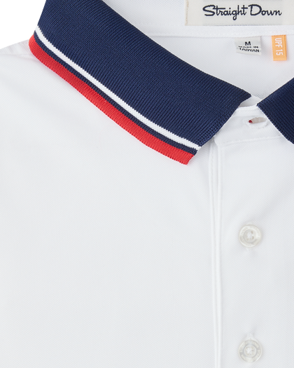 Chorro Polo in White with New Indigo collar and red trim, fabric detail close-up view