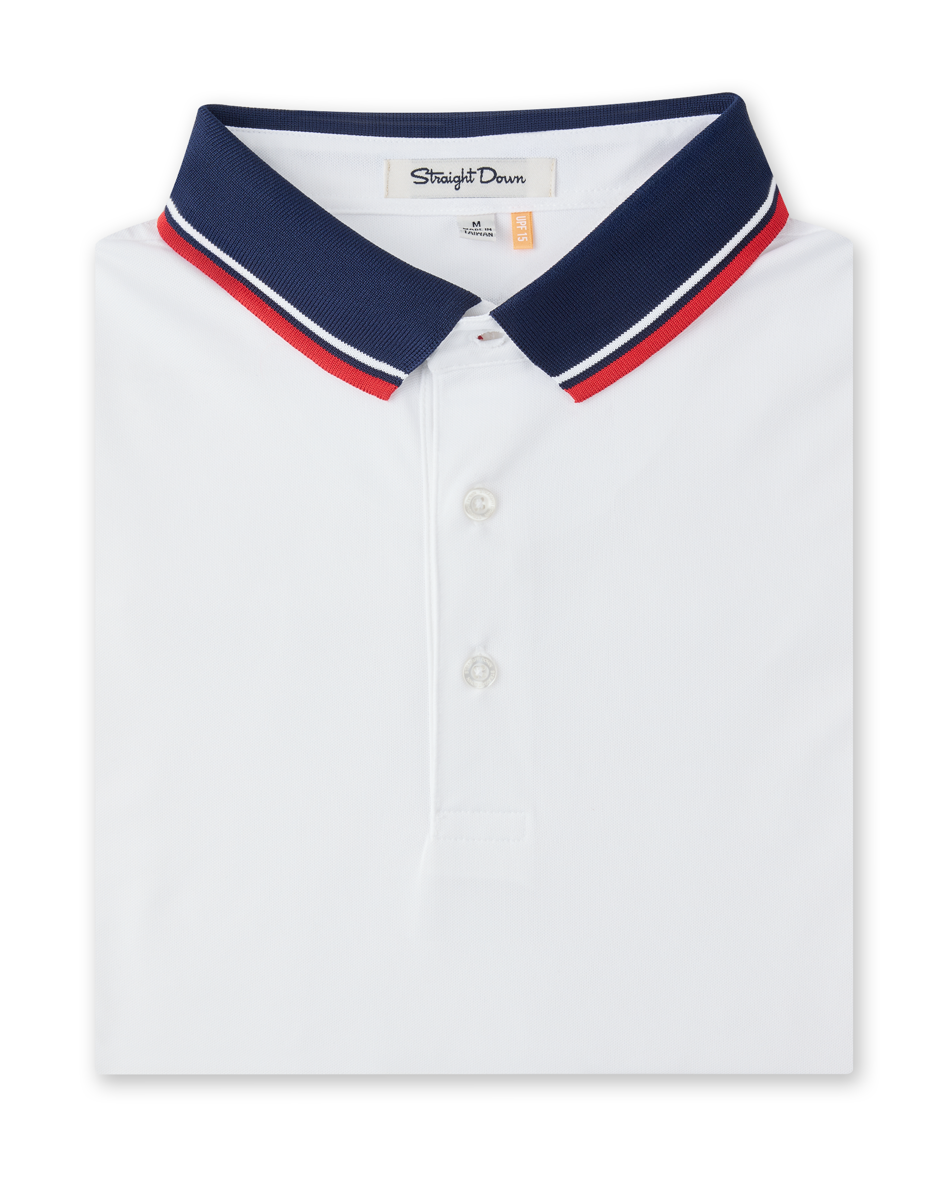 Chorro Polo in White with New Indigo collar and red trim, folded front product view
