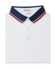 Chorro Polo in White with New Indigo collar and red trim, folded front product view