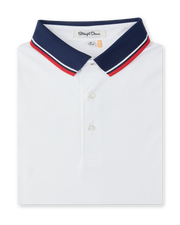 Chorro Polo in White with New Indigo collar and red trim, folded front product view