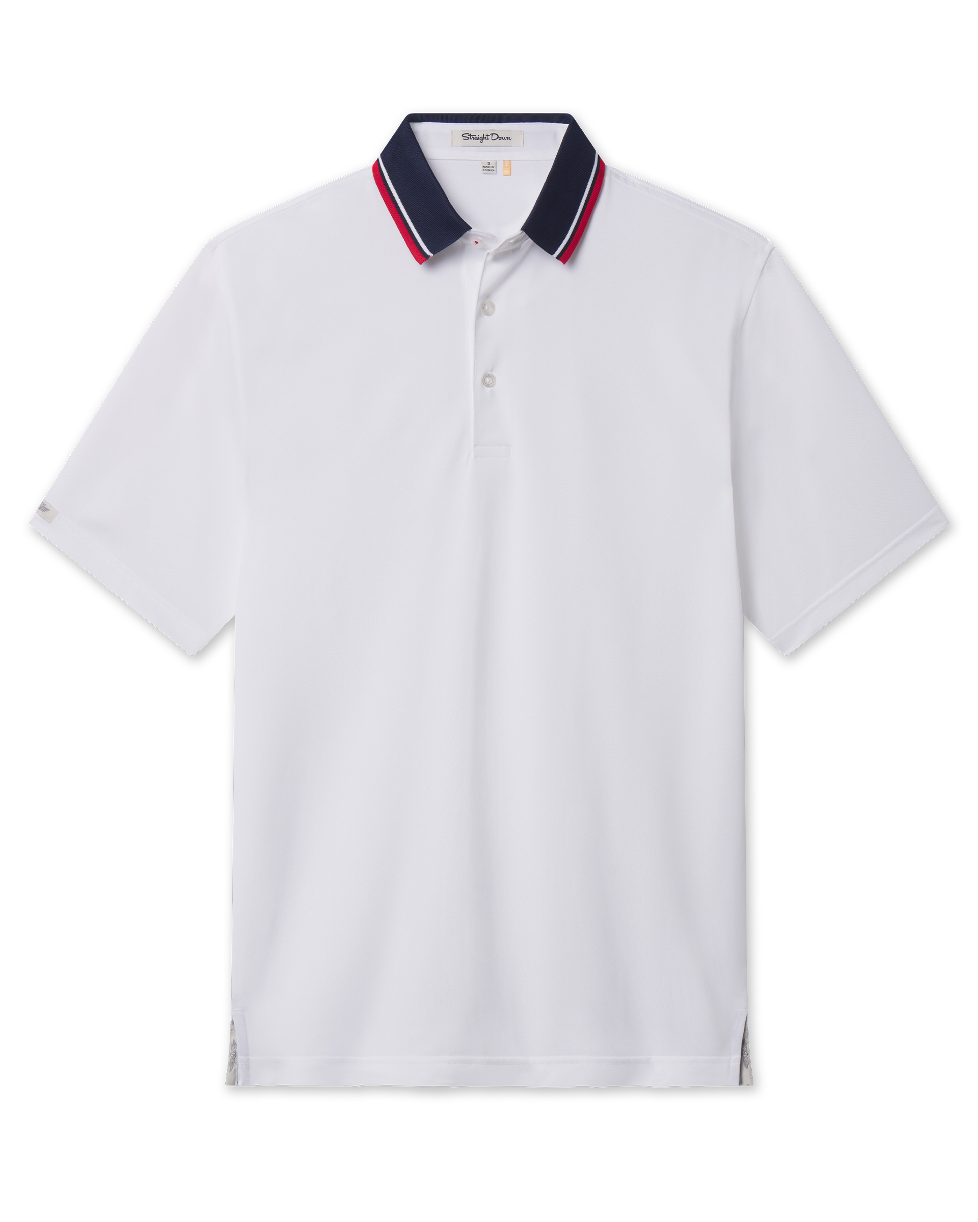 Chorro Polo in White with New Indigo collar and red trim, front flat lay product view