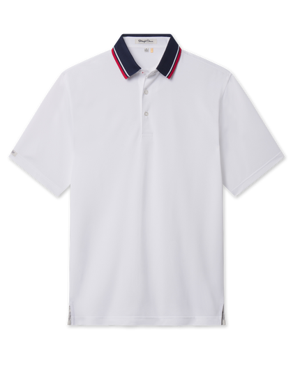 Chorro Polo in White with New Indigo collar and red trim, front flat lay product view