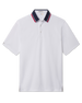 Chorro Polo in White with New Indigo collar and red trim, front flat lay product view