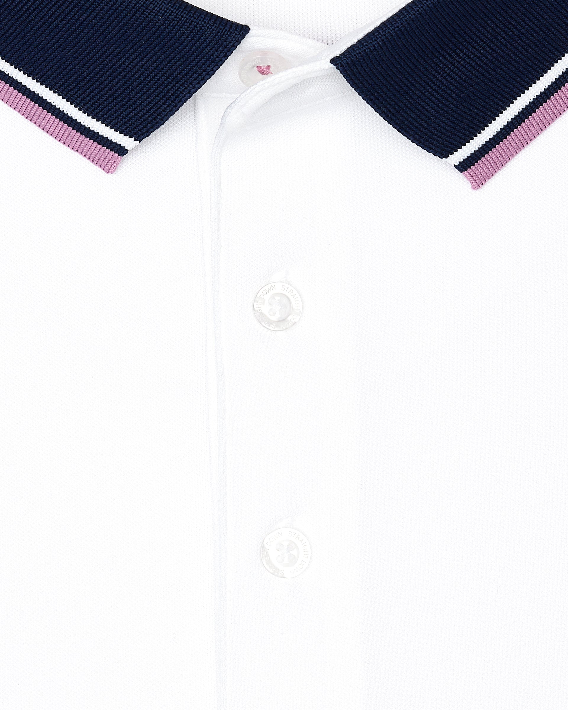 Men's Chorro Polo in Haze, close-up flat lay view featuring the contrast navy knit collar with white and pink stripe trim detail and button placket on a white short sleeve polo