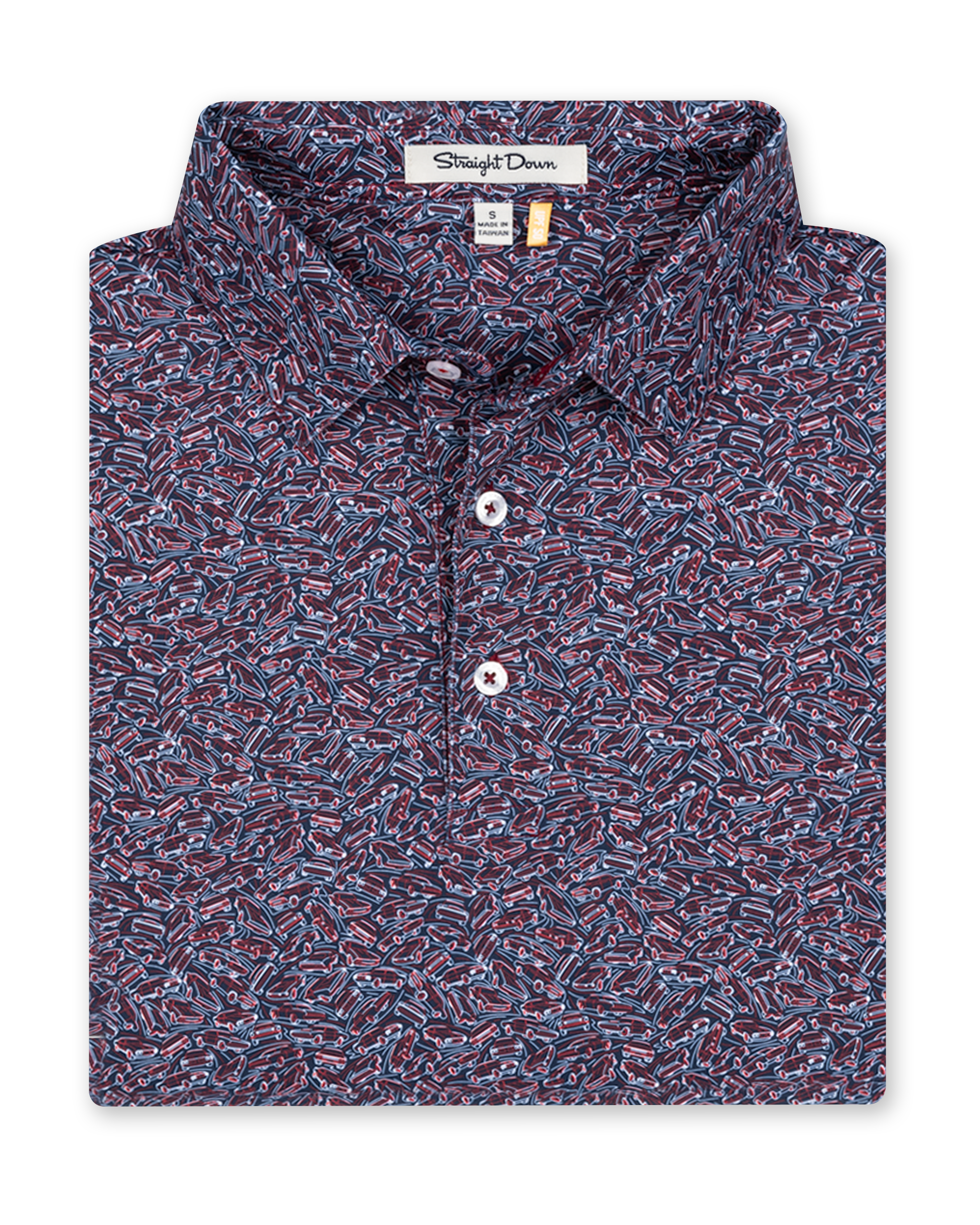 Men's American Muscle Polo in New Indigo, folded flat lay front view featuring a navy base with burgundy and blue vintage car print