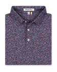 Men's American Muscle Polo in New Indigo, folded flat lay front view featuring a navy base with burgundy and blue vintage car print