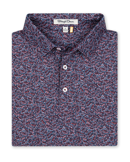 Men's American Muscle Polo in New Indigo, folded flat lay front view featuring a navy base with burgundy and blue vintage car print