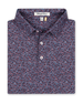Men's American Muscle Polo in New Indigo, folded flat lay front view featuring a navy base with burgundy and blue vintage car print