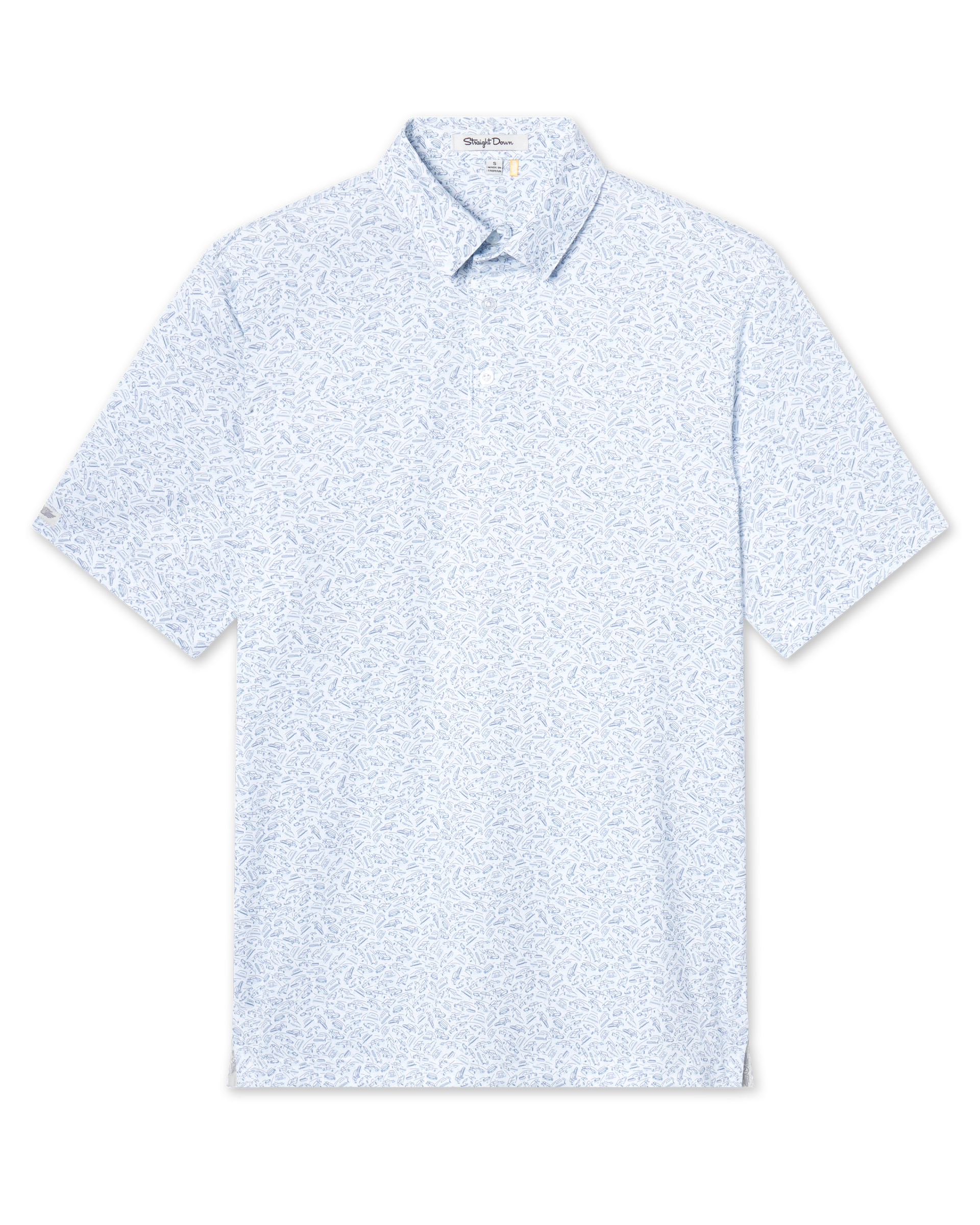 Men's American Muscle Polo in Moonlight, flat lay front view featuring a navy classic car sketch novelty print on a white ground with a spread collar and short sleeves
