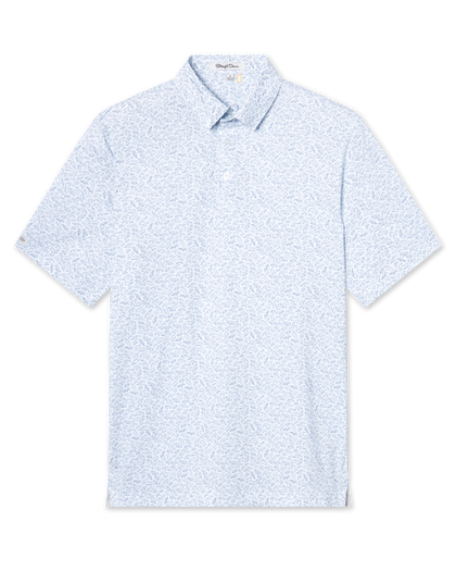 Men's American Muscle Polo in Moonlight, flat lay front view featuring a navy classic car sketch novelty print on a white ground with a spread collar and short sleeves