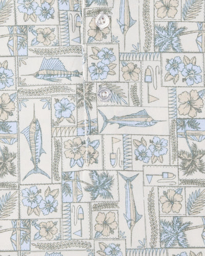 Sam's Seafood Polo in Cream, coastal print detail close-up view