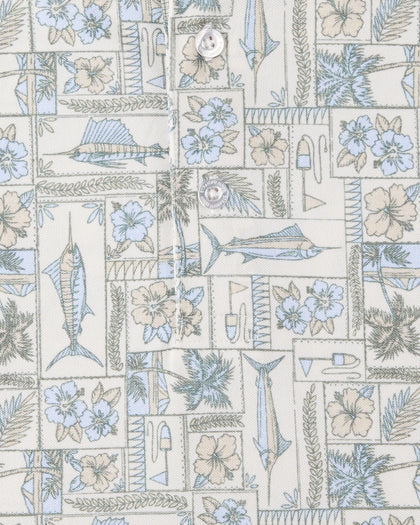 Sam's Seafood Polo in Cream, coastal print detail close-up view