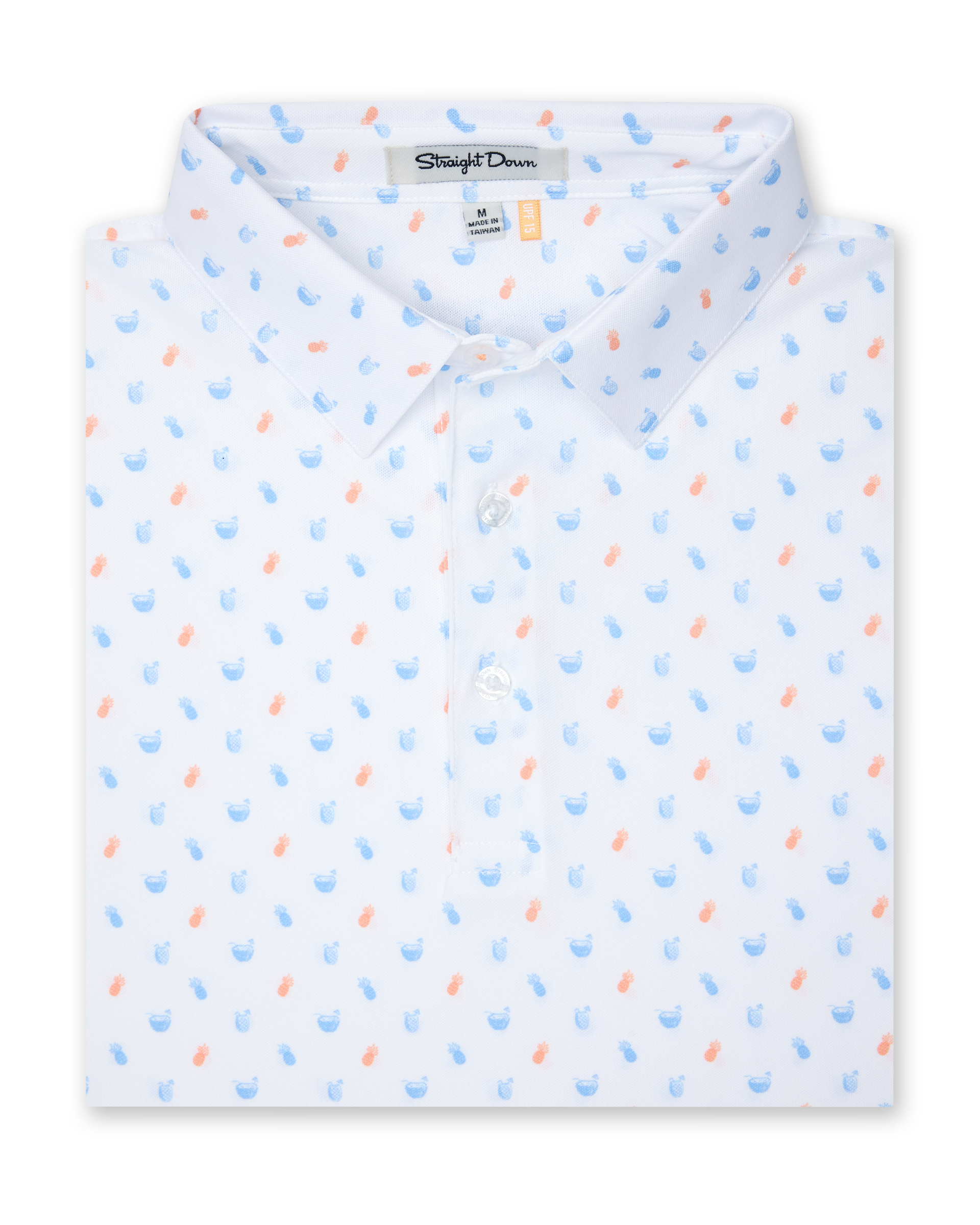 Men's Tropical Daze Polo in Carolina, folded flat lay front view featuring a scattered pineapple and coconut drink novelty print in sky blue and peach on a white ground with a button placket and spread collar